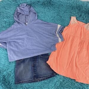 Girl sporty hoodie, jean skort, crochet trim dress, A+ Ellen Soft. Size 5T Small